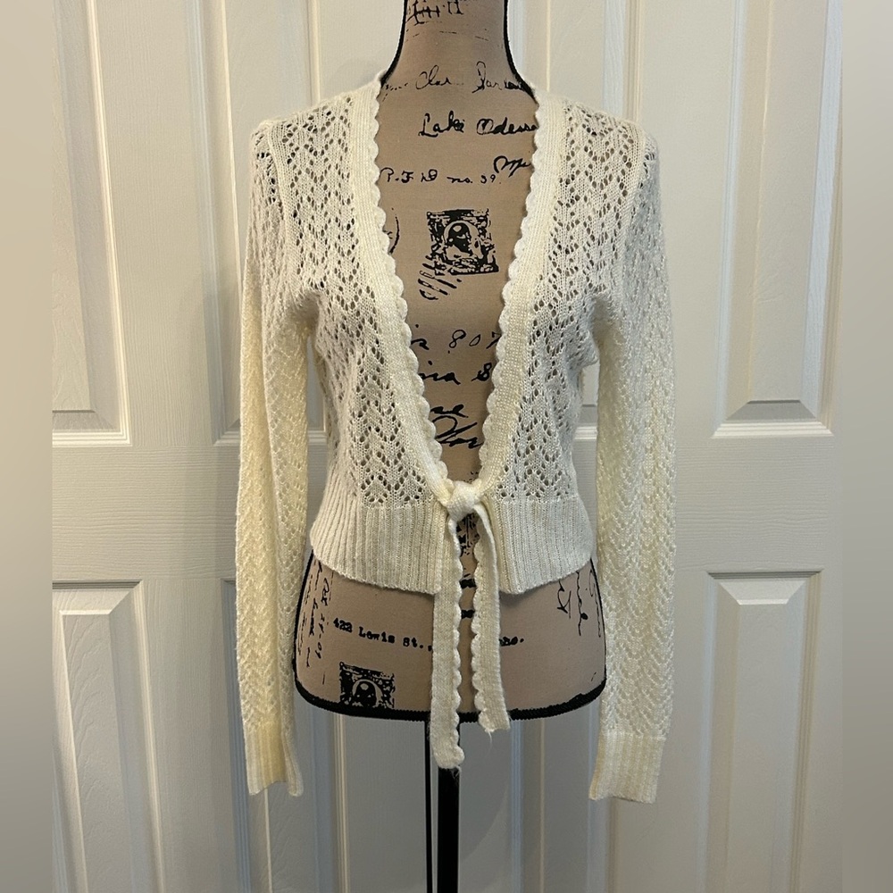 Worthington Women's Cream Openwork Tie-Front Sweater Cardigan medium